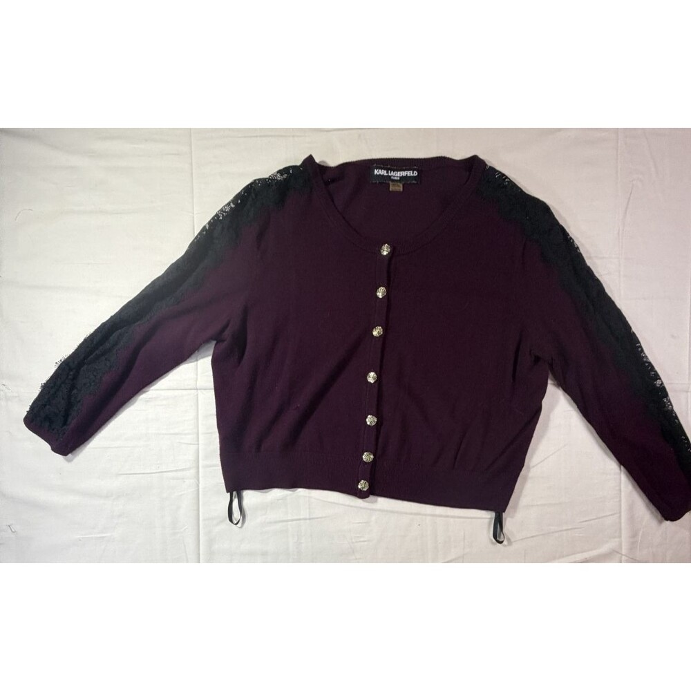 Karl Lagerfeld Women's XL Burgundy Cropped Cardigan Pearl Buttons Lace Sleeves